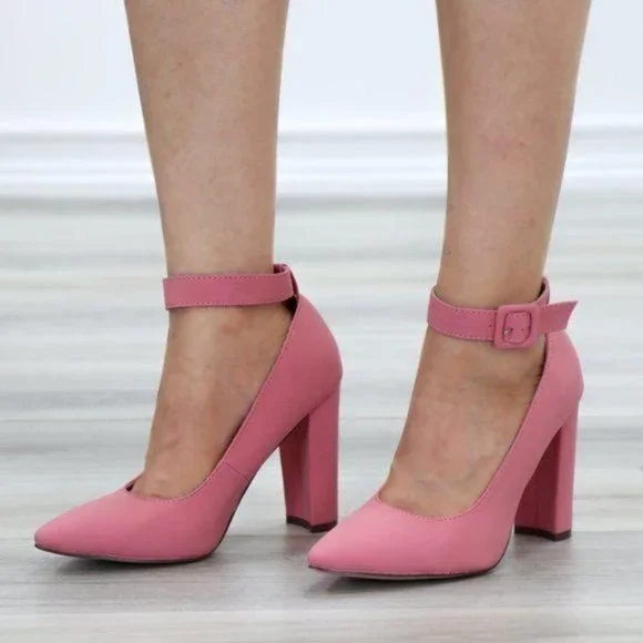 Pink Pointy Toe Ankle Brace Buckle Heels - Picture 7 of 9